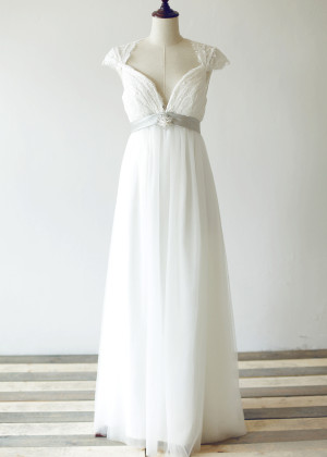 Cap Sleeves Ivory Eyelash Lace Tulle Maternity Wedding Dress